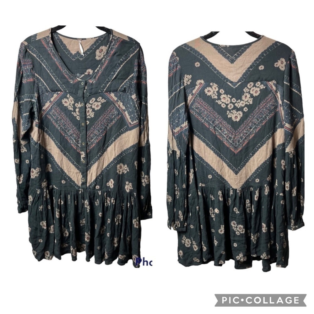 Free People Floral Chevron Pheasant Long Sleeve Tunic Dress